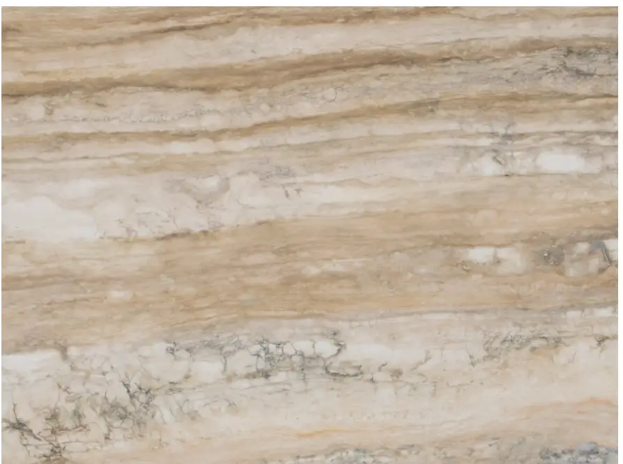 High-quality slab of honed Cork Travertine featuring a warm, earthy color palette and organic porous texture with horizontal veining