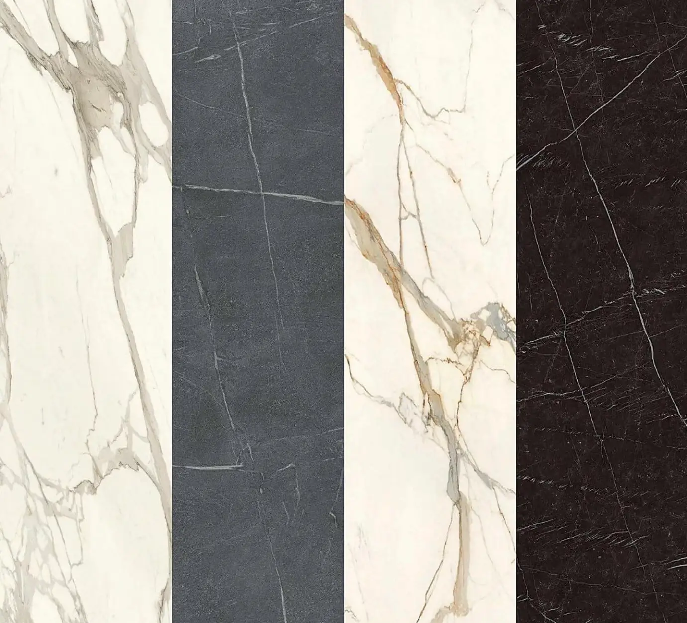 Vertical comparison of four Atlas Plan porcelain finishes: Calacatta Bernini, Soapstone Dark Hammered, Calacatta Imperiale, and Nero Marquina.