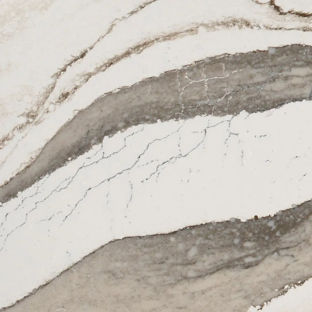 Close-up of Cambria Skara Brae quartz showing bold, olive-green and grey veining with subtle crystalline patterns on a white background.