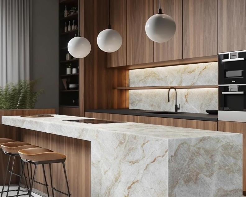Modern kitchen with Taj Mahal quartzite countertops
