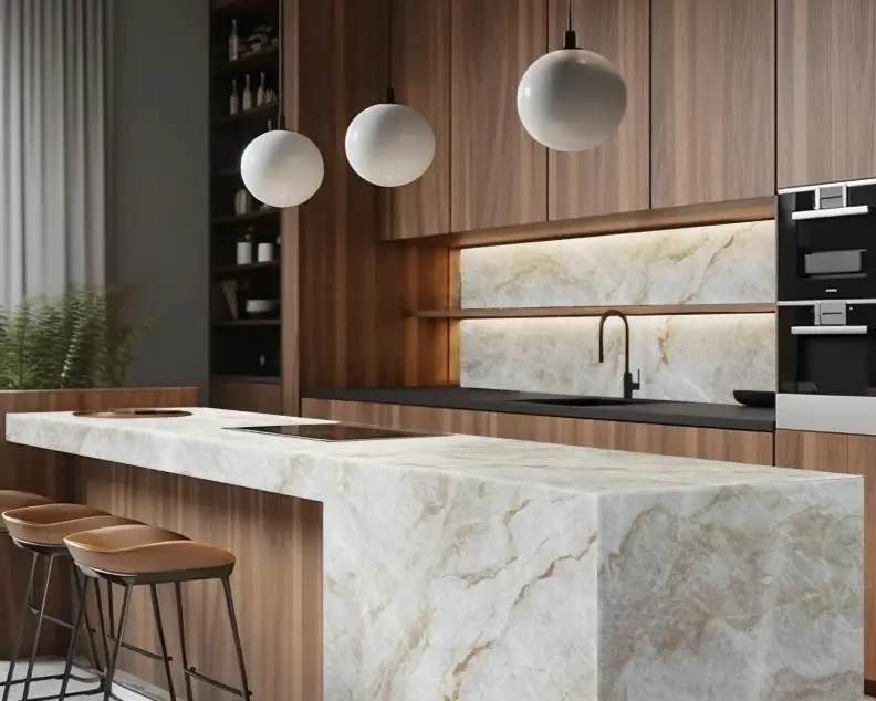 Modern kitchen with Taj Mahal quartzite countertops