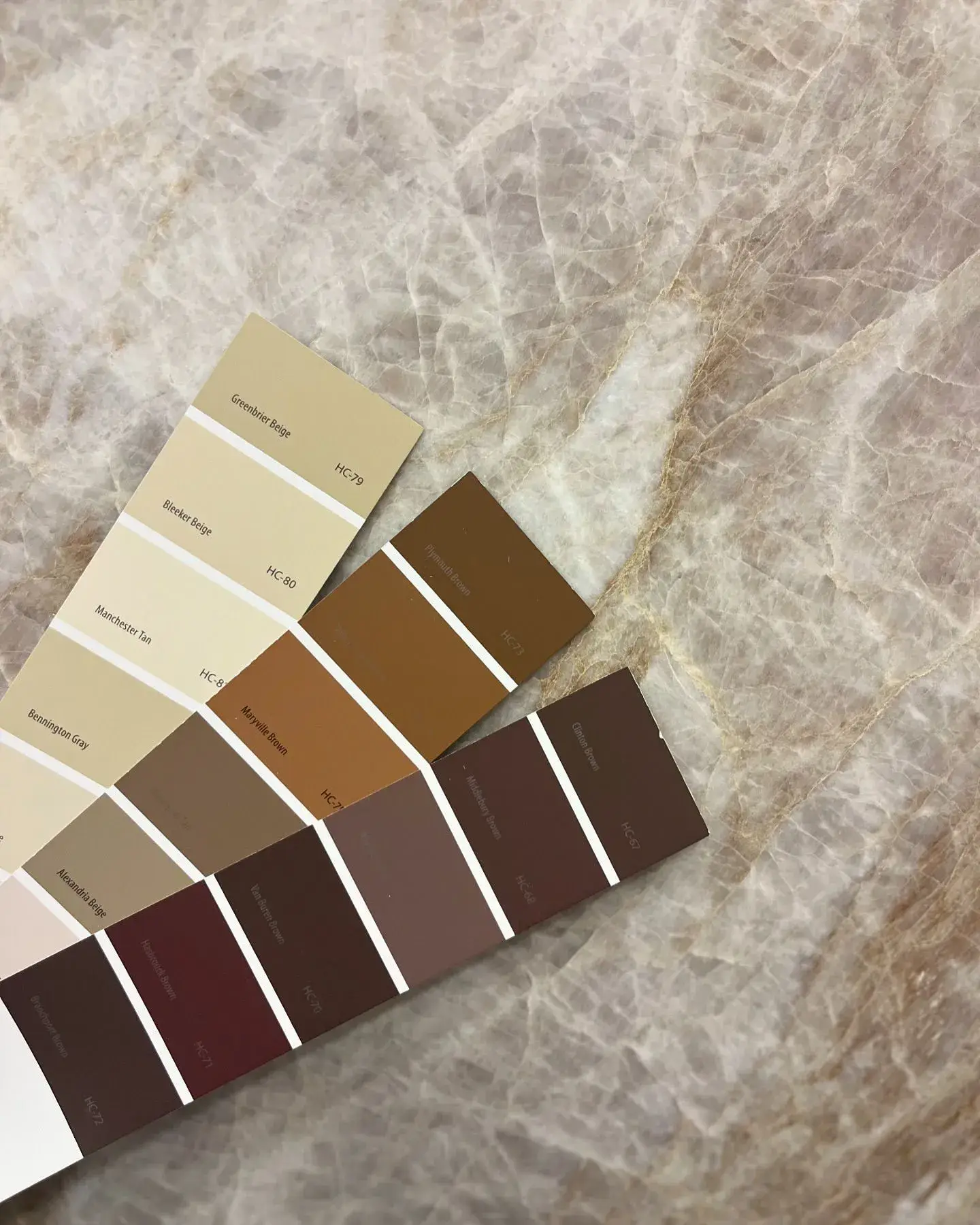 Taj Mahal quartzite slab with paint swatches for coordinating colors: browns, beiges, tans, greens. Natural stone.