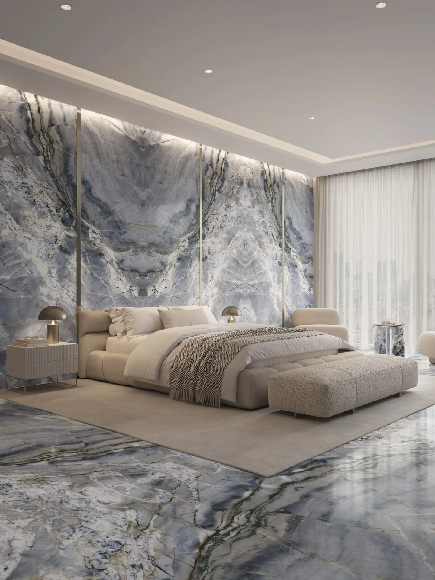 Luxurious modern bedroom with blue marble feature wall, beige bed, integrated lighting, and elegant decor.