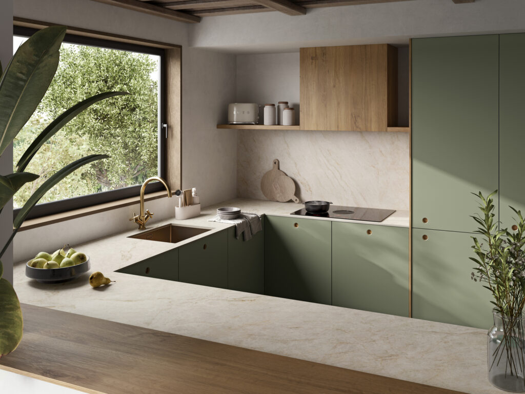 green cabinets with taj mahal quartzite