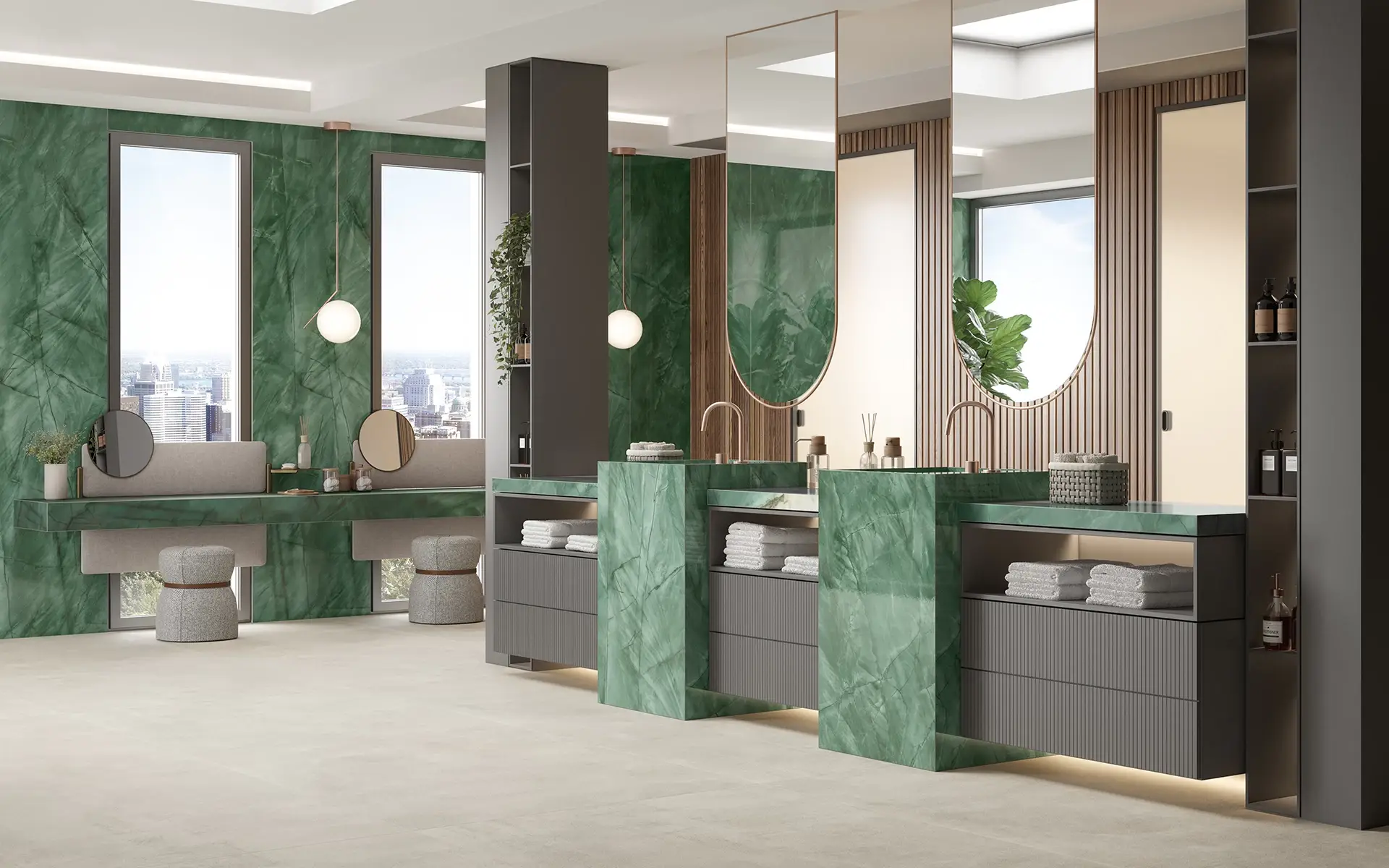 A highly stylized, symmetrical luxury bathroom or dressing area featuring vibrant, deep green stone with translucent veining, identified as Exotic Green Atlas Plan Porcelain