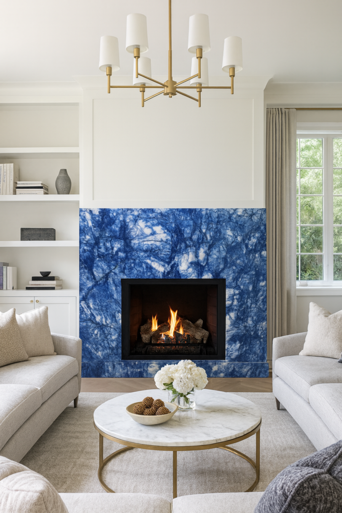 A bright living room centered around a fireplace wall entirely clad in a striking, highly veined blue natural stone, possibly Sapphire Blue quartzite or marble.