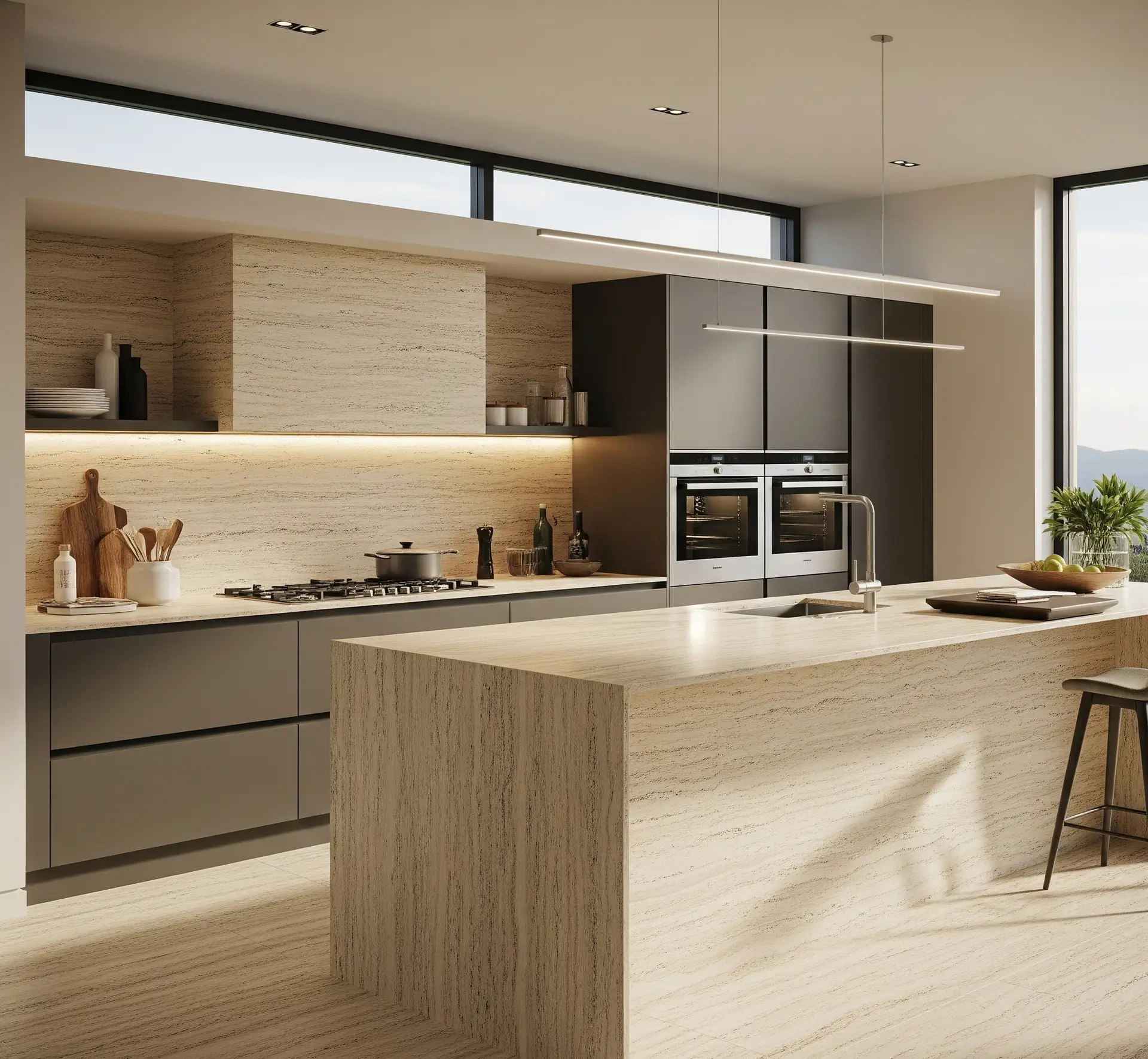 A minimalist, modern kitchen featuring extensive use of light beige, horizontally veined Travertine stone for the oversized waterfall island, backsplash, and upper cabinet cladding.