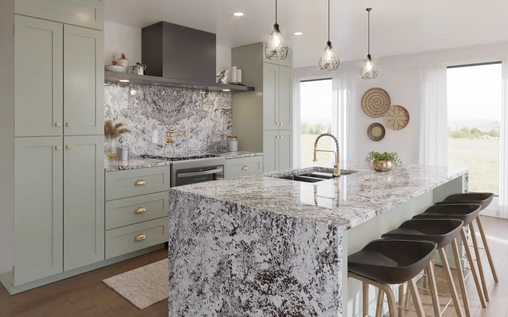 Sage green kitchen with Alaska White granite waterfall island, brass hardware and geometric pendants
