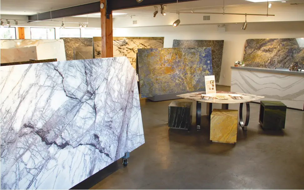 Elements Room showroom space with artistic stone slab presentations in North Hollywood