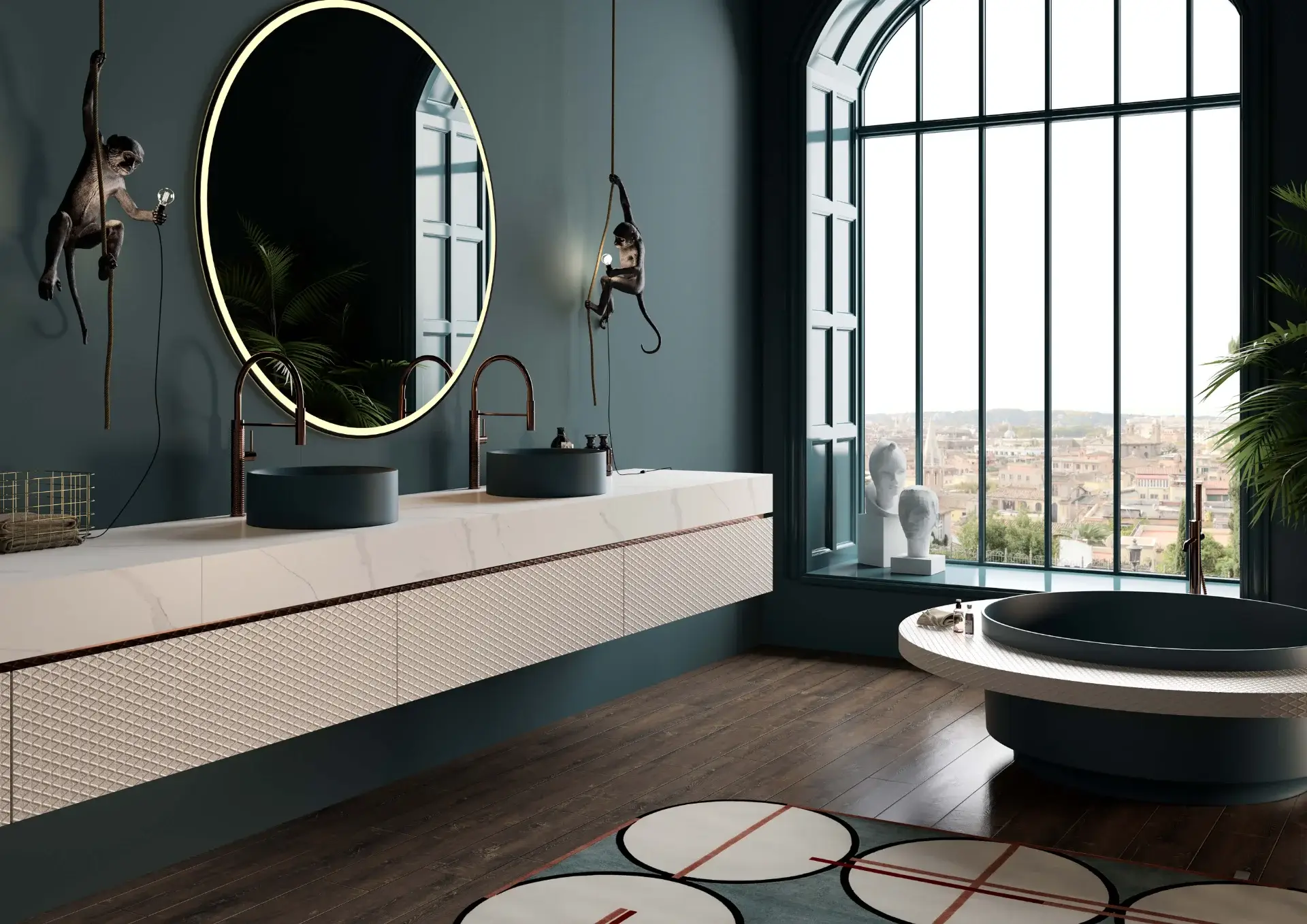 Luxurious bathroom with Viatera Calacatta Plata vanity, dark teal walls, a round tub, and large arched window.