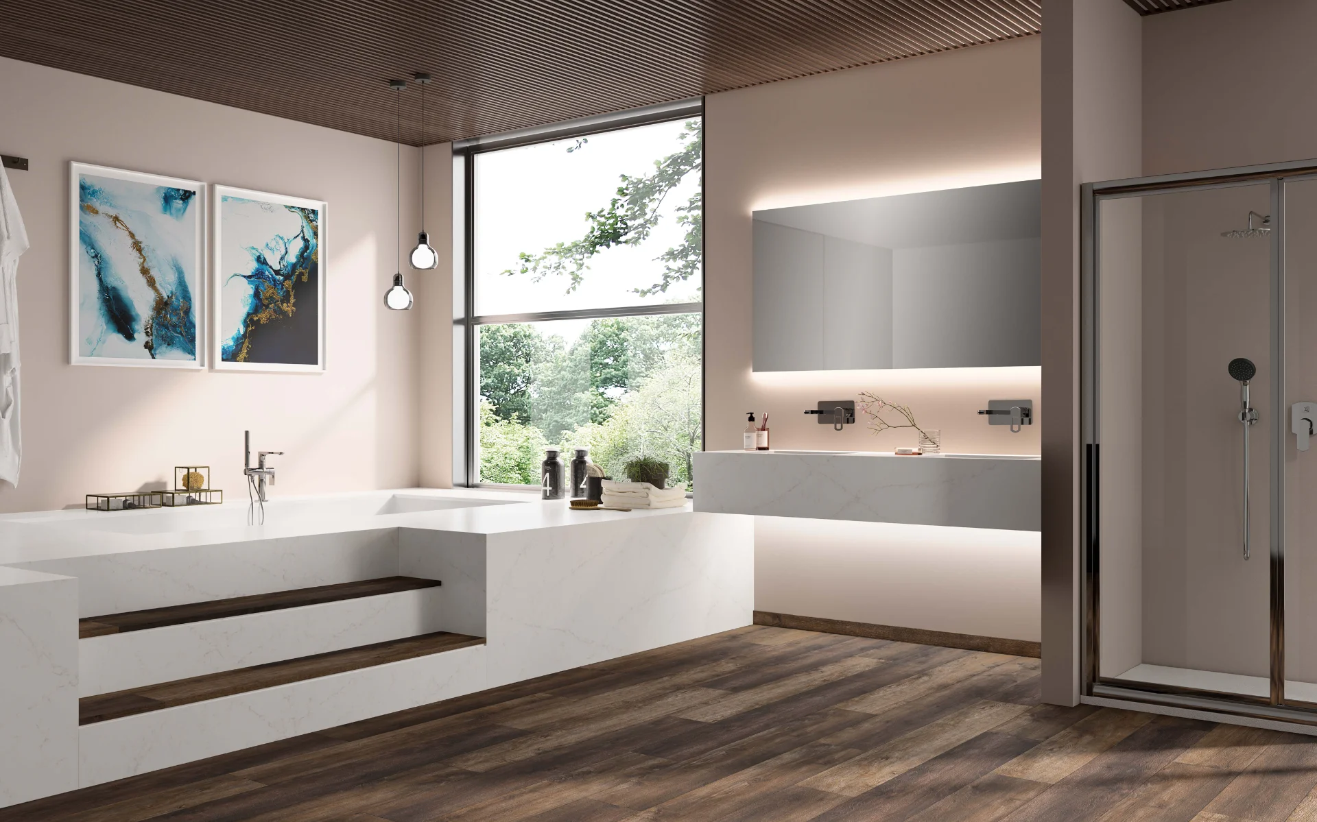 Modern bathroom with white quartz bathtub, vanity, wood floor, full-length window, and abstract art.