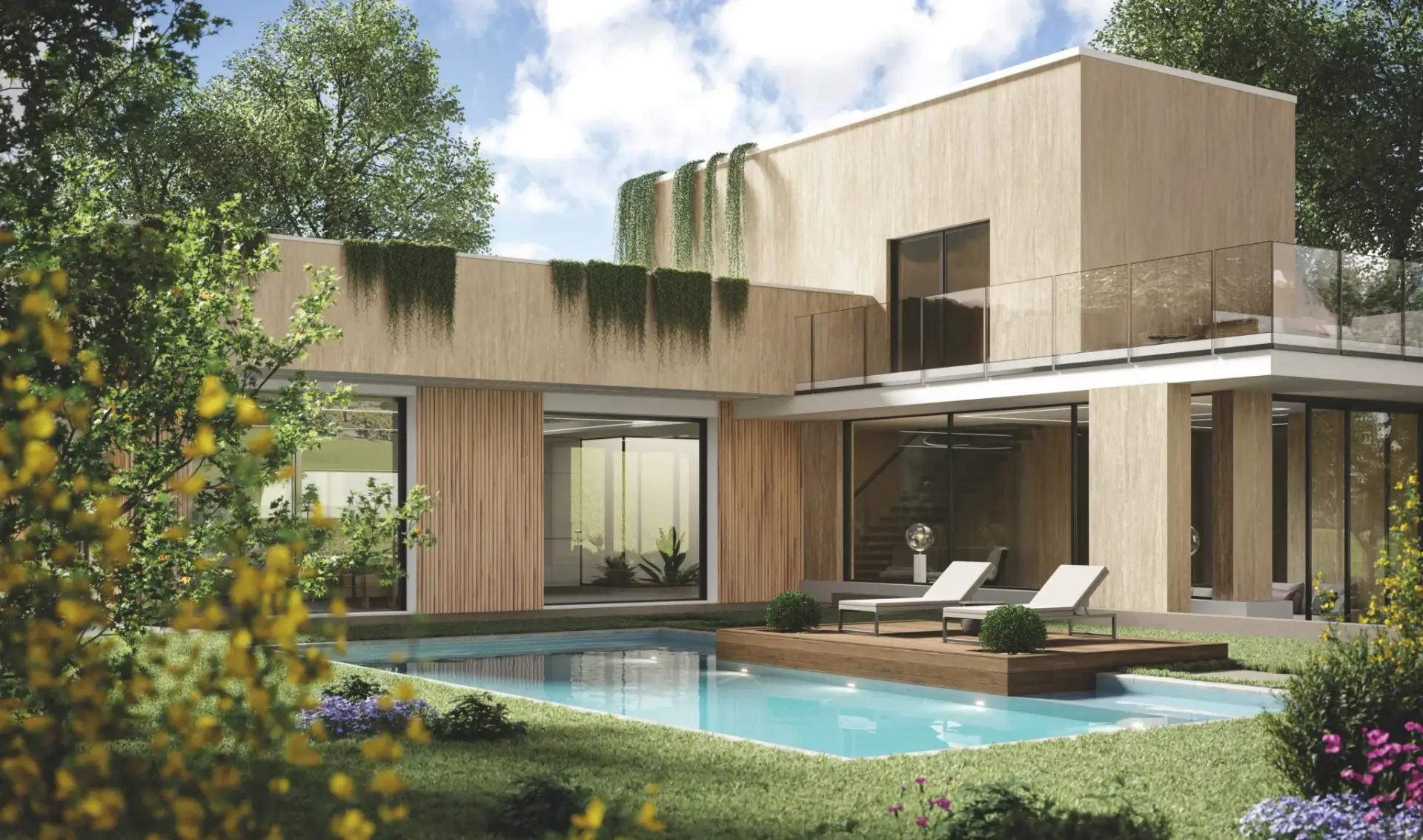 Modern two-story house with a swimming pool, wooden deck, lounge chairs, and lush green landscaping.