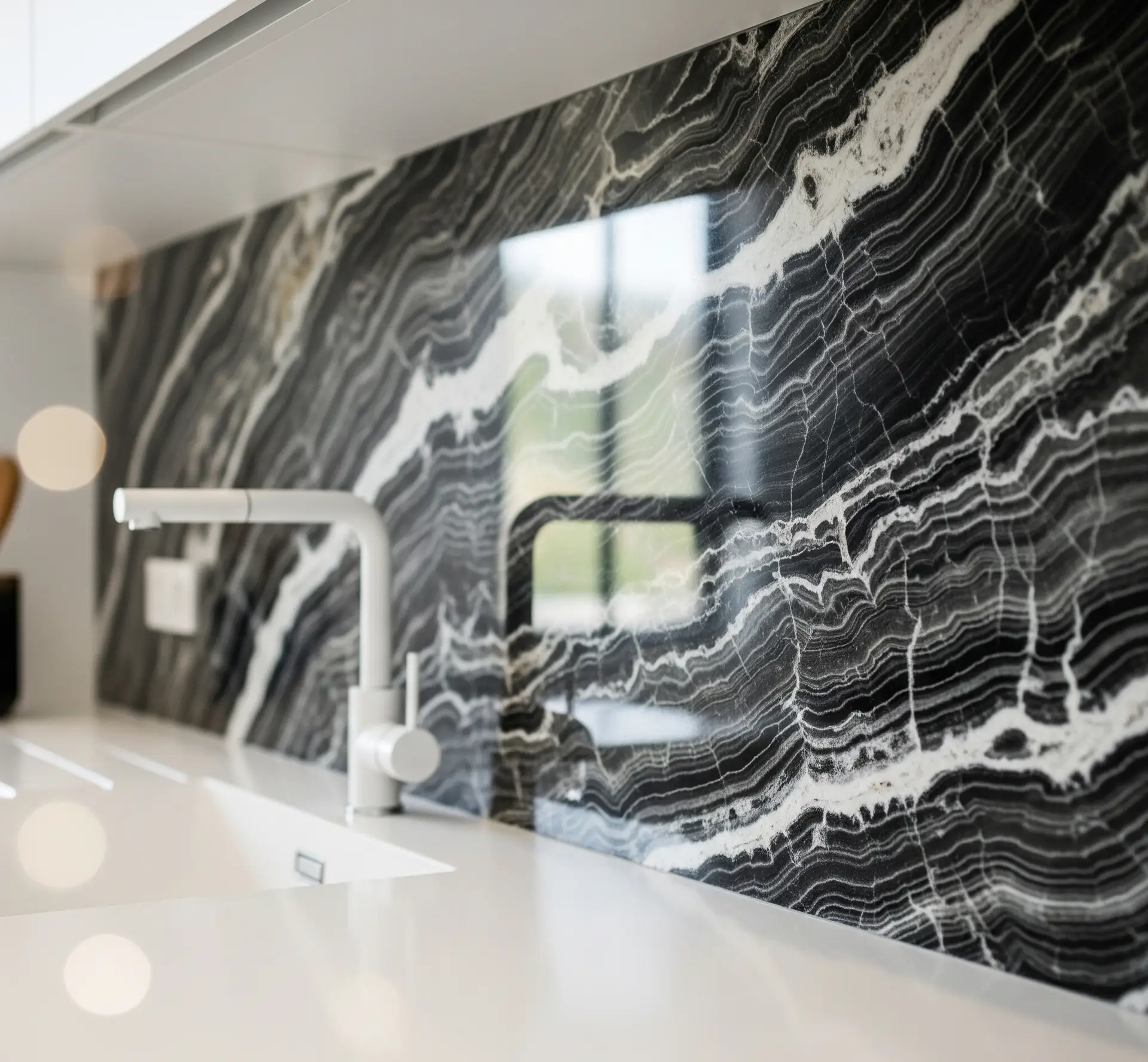Modern kitchen with white counter, sink, and faucet, featuring a striking black marble backsplash.