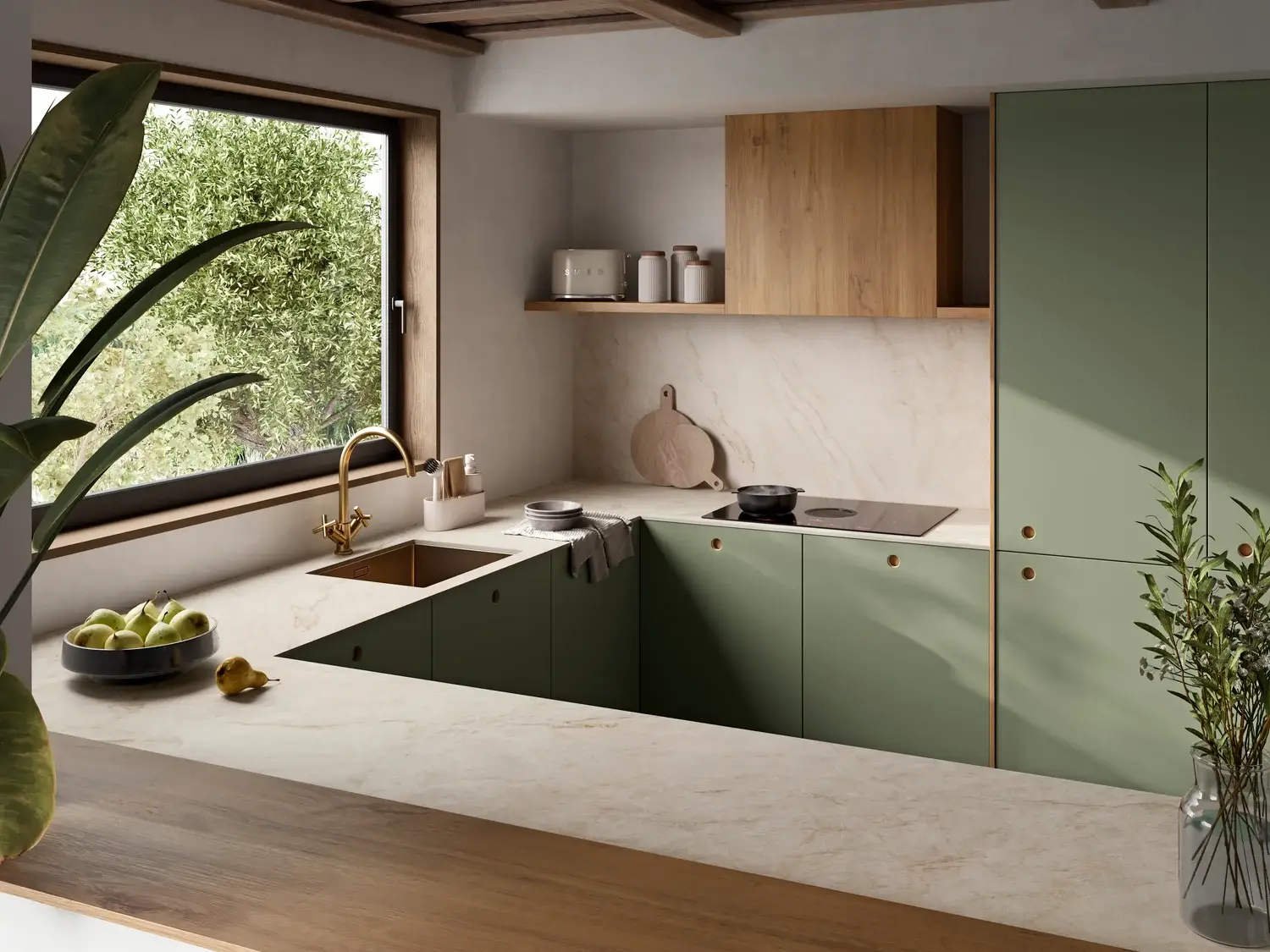 Modern kitchen with light Taj Mahal quartzite countertops, green cabinets, gold faucet, and a large window.