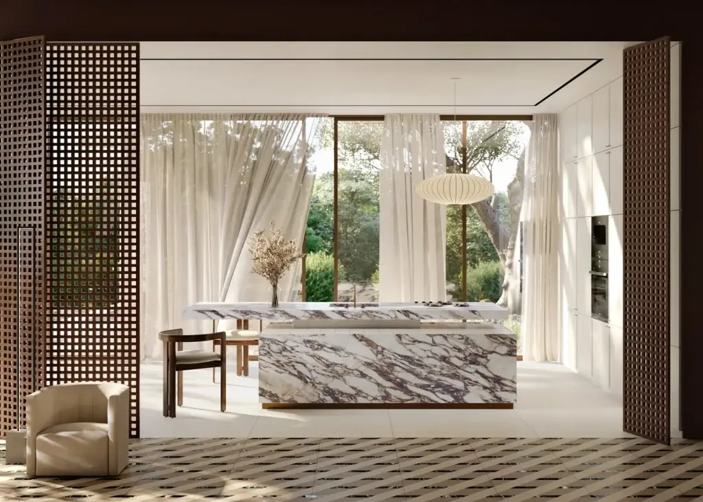 Luxurious kitchen with a large marble island, full-height windows, a wooden partition, and a modern light fixture.