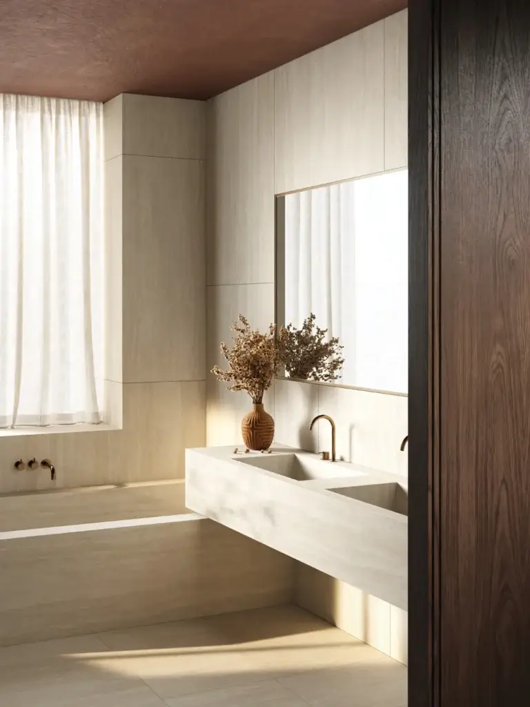 Modern bathroom with light beige tiles, double floating vanity, brass faucets, patterned vase, and dark wood accents.