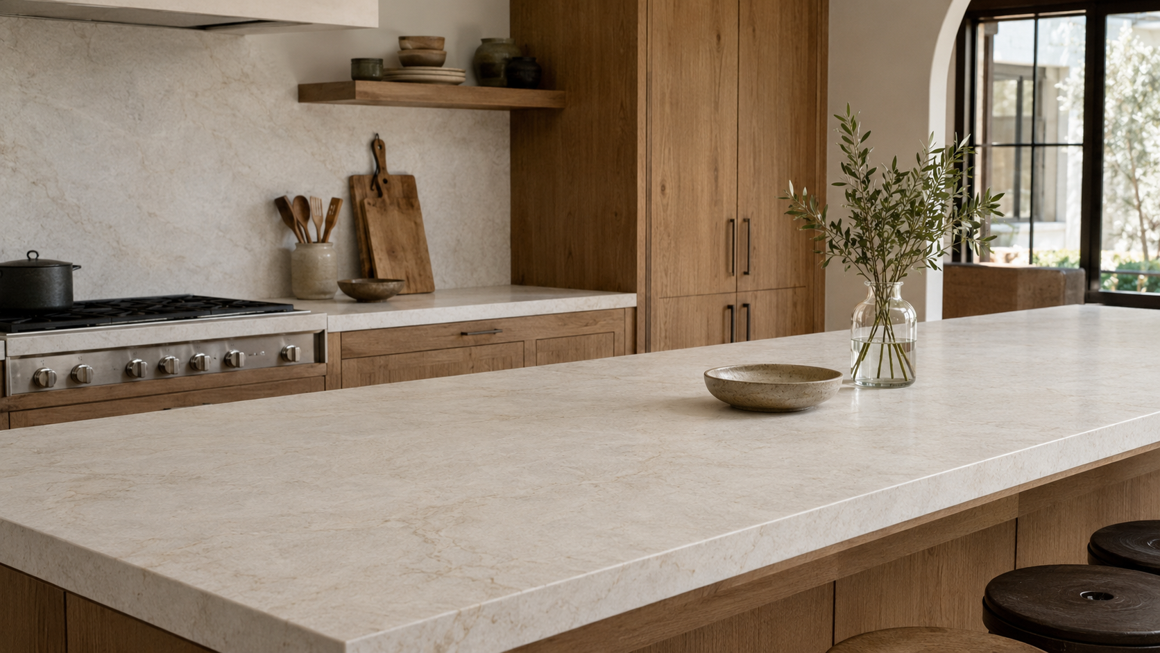 Large kitchen island with Taj Mahal Leathered quartzite countertops and warm natural oak cabinetry