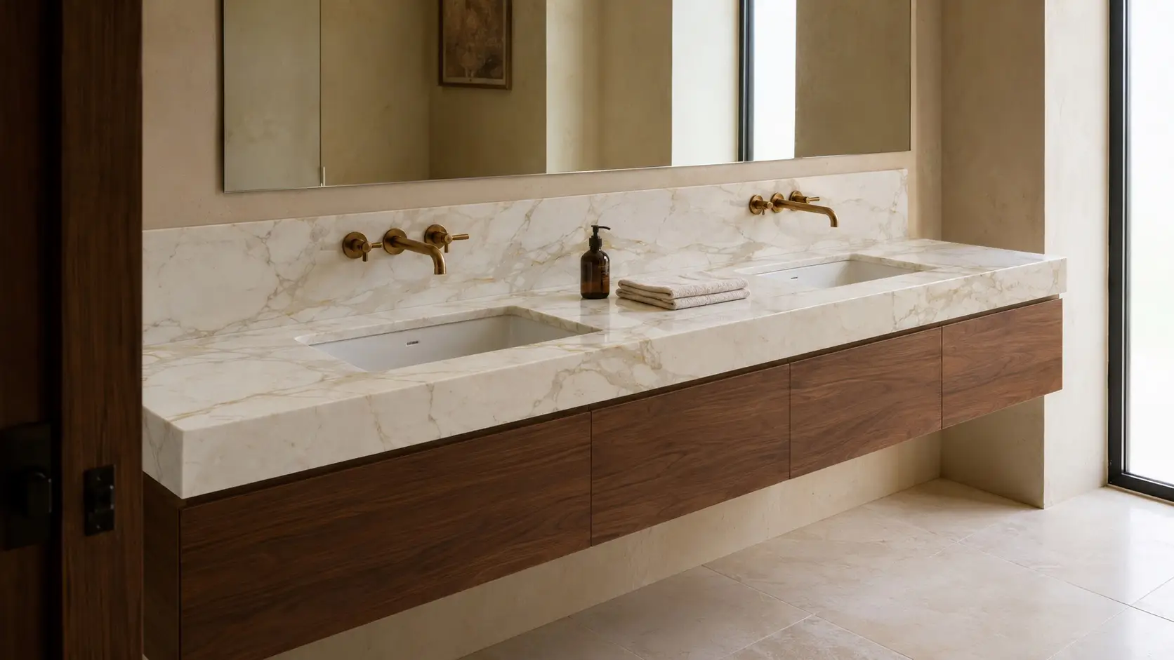 Calacatta Gold vanity top with two undermount sinks, walnut cabinets, and aged brass faucets.