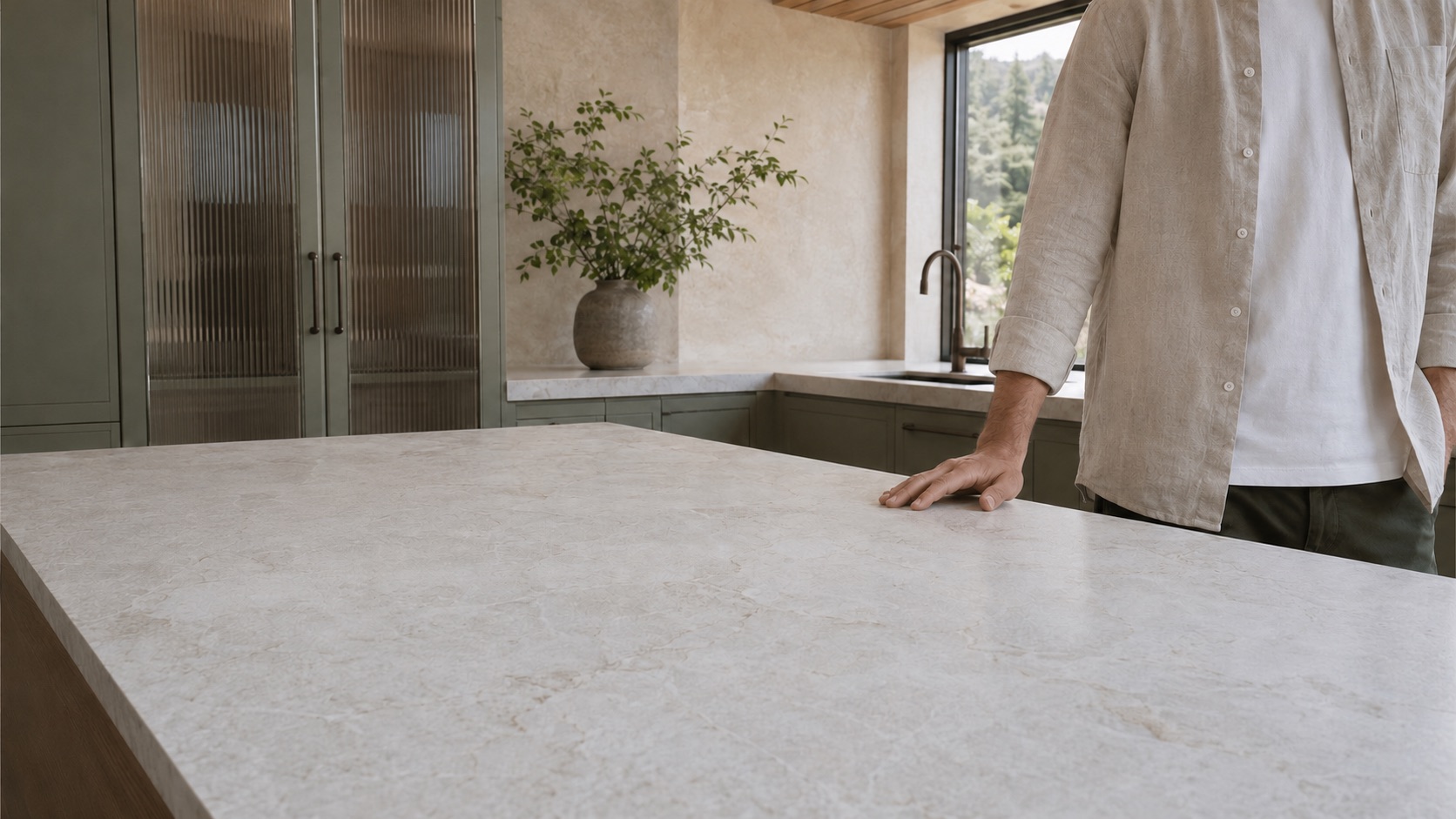 Man resting his hand on a Taj Mahal quartzite island in a bright sage green contemporary kitchen