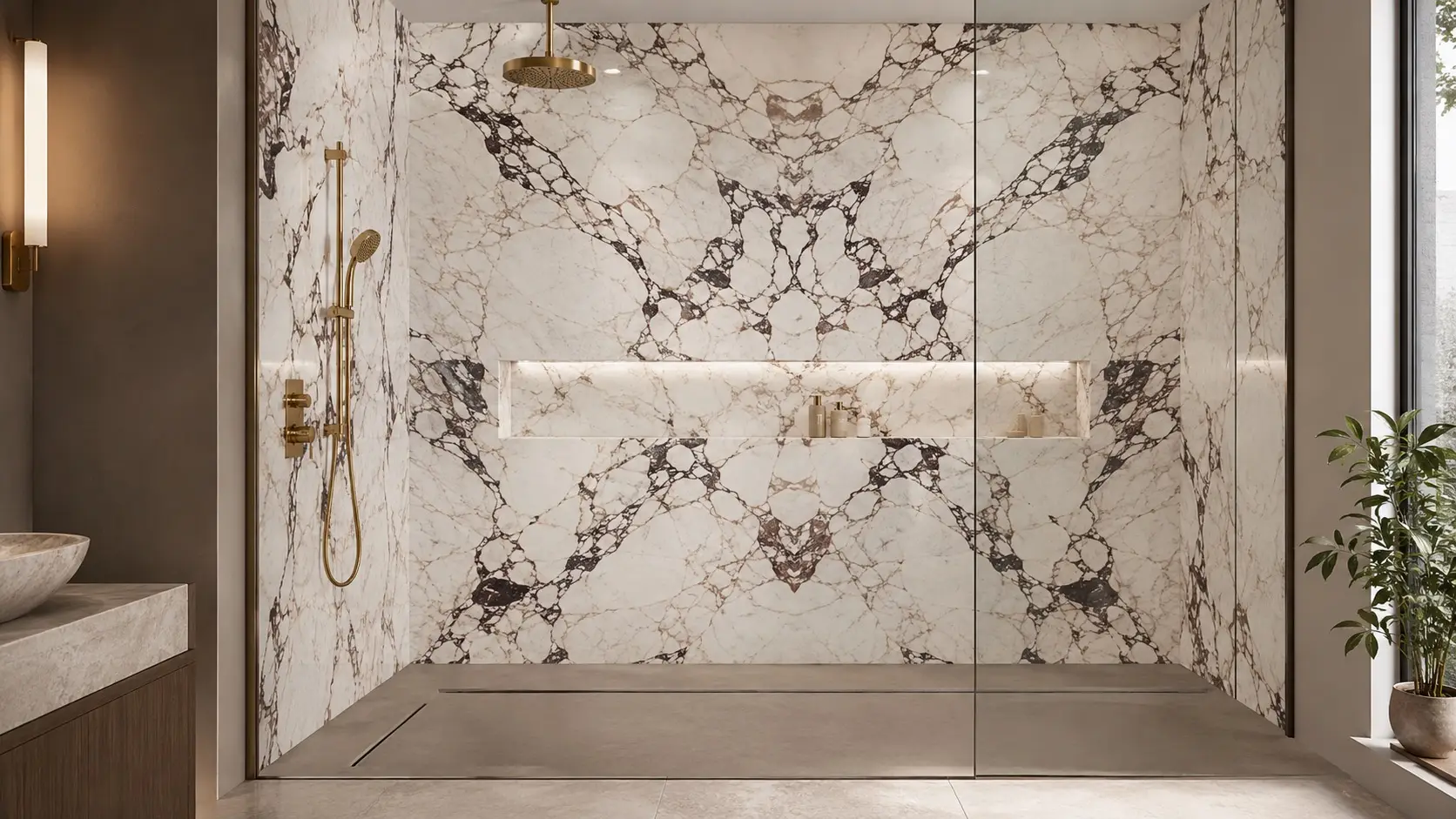 Walk-in shower clad in bookmatched Calacatta Viola marble slabs with deep burgundy veining, brass shower fixtures, and a built-in niche.