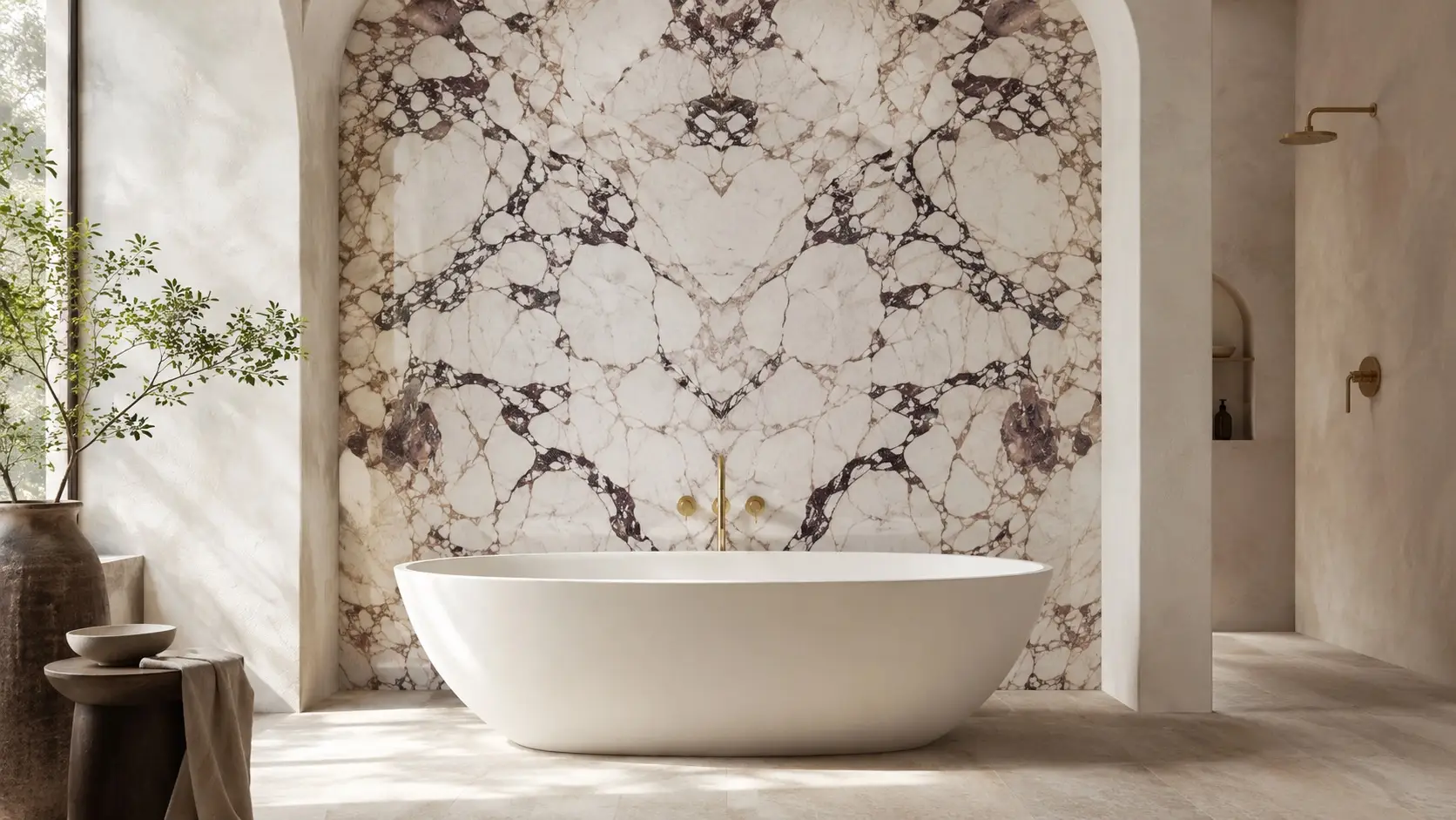 Freestanding bathtub set in front of a bookmatched Calacatta Viola marble feature wall in a bright luxury bathroom with brass fixtures.