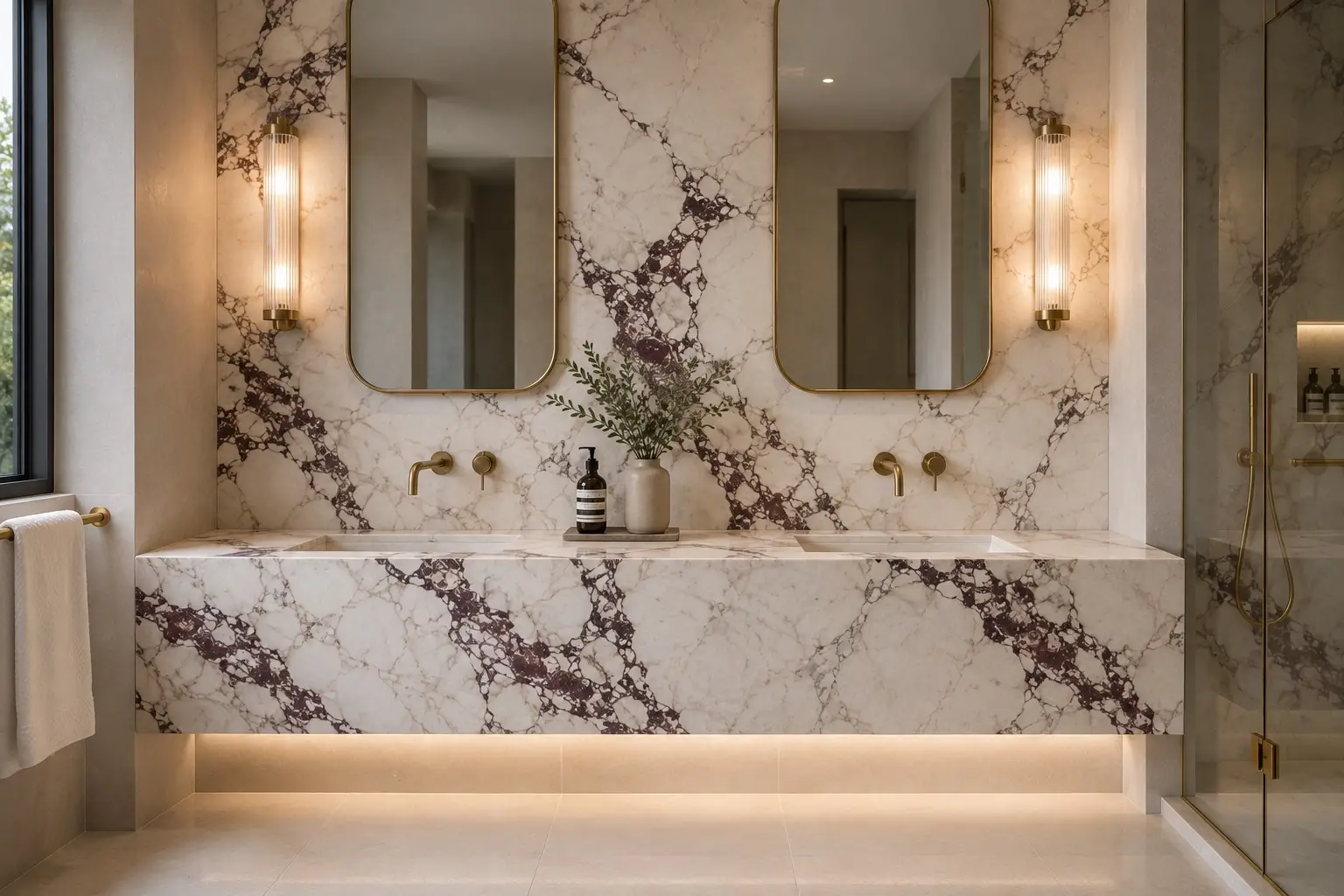 Calacatta Viola marble double vanity with integrated sinks, burgundy veining, brass fixtures, and matching marble backsplash in a luxury bathroom.