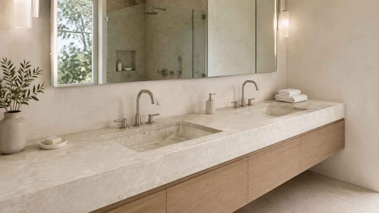 Ava double-vanity countertop with integrated sinks in a bright contemporary bathroom with light wood cabinetry.