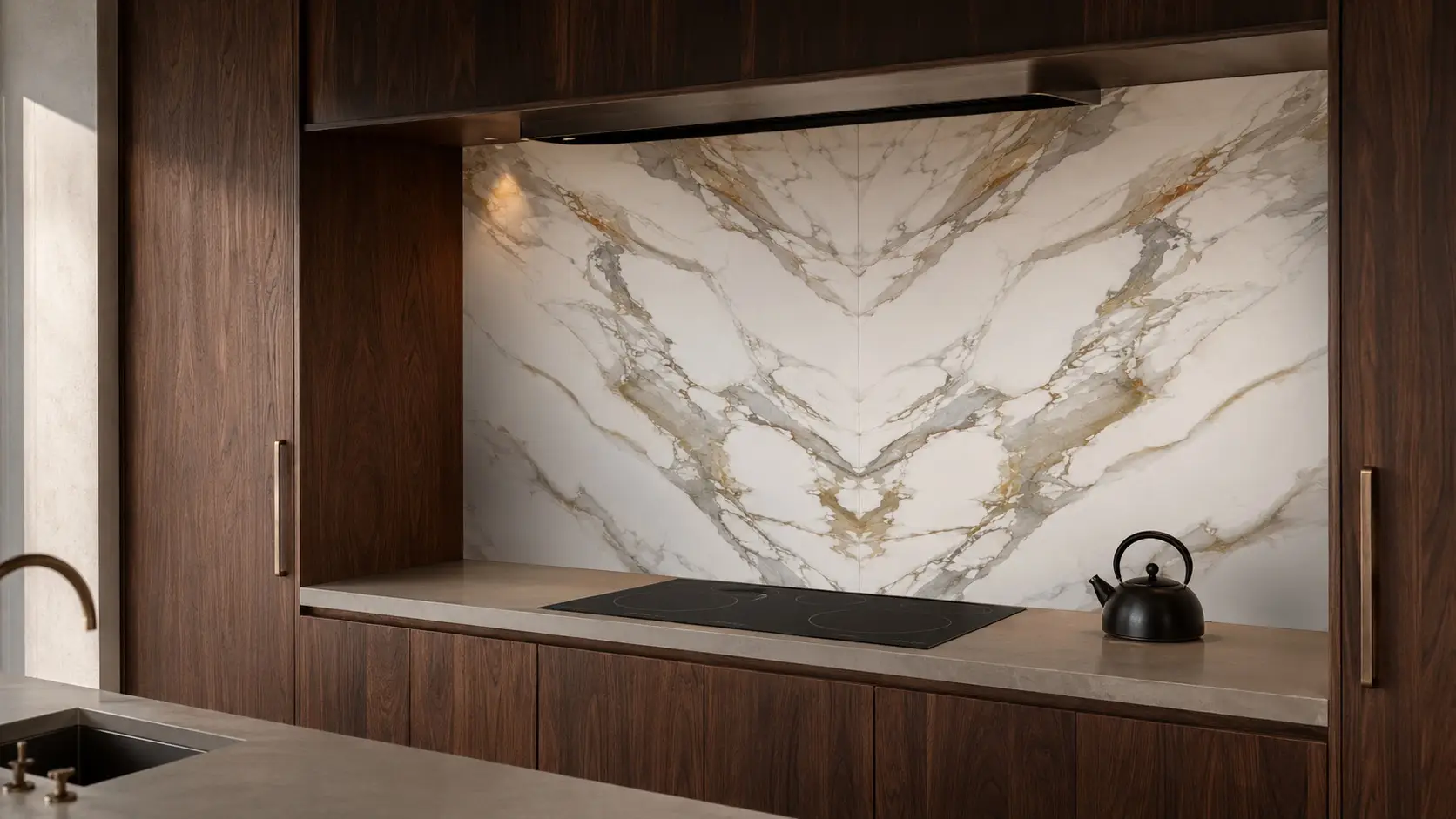 Bookmatched Calacatta Gold backsplash behind an induction cooktop in a modern walnut kitchen.