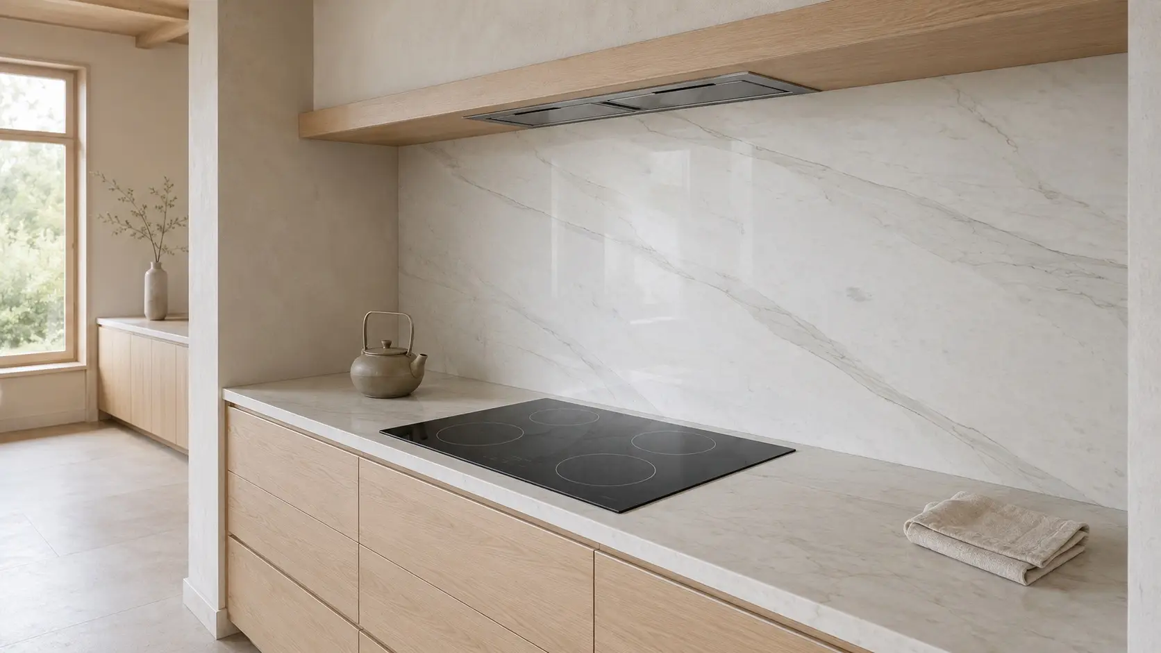 Subtle Calacatta Gold backsplash and countertop paired with light oak cabinets in a minimalist kitchen