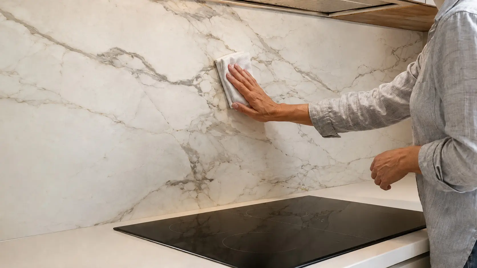 Person gently cleaning a full-height Calacatta Gold backsplash behind an induction cooktop.