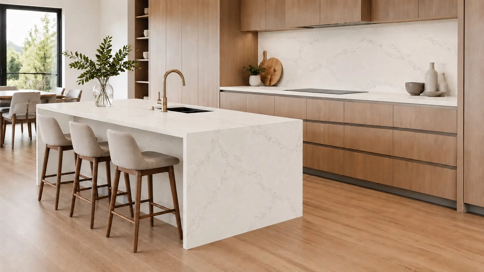 Calacatta Nuvo waterfall kitchen island, countertops, and backsplash with delicate gray veining in a modern light wood kitchen.