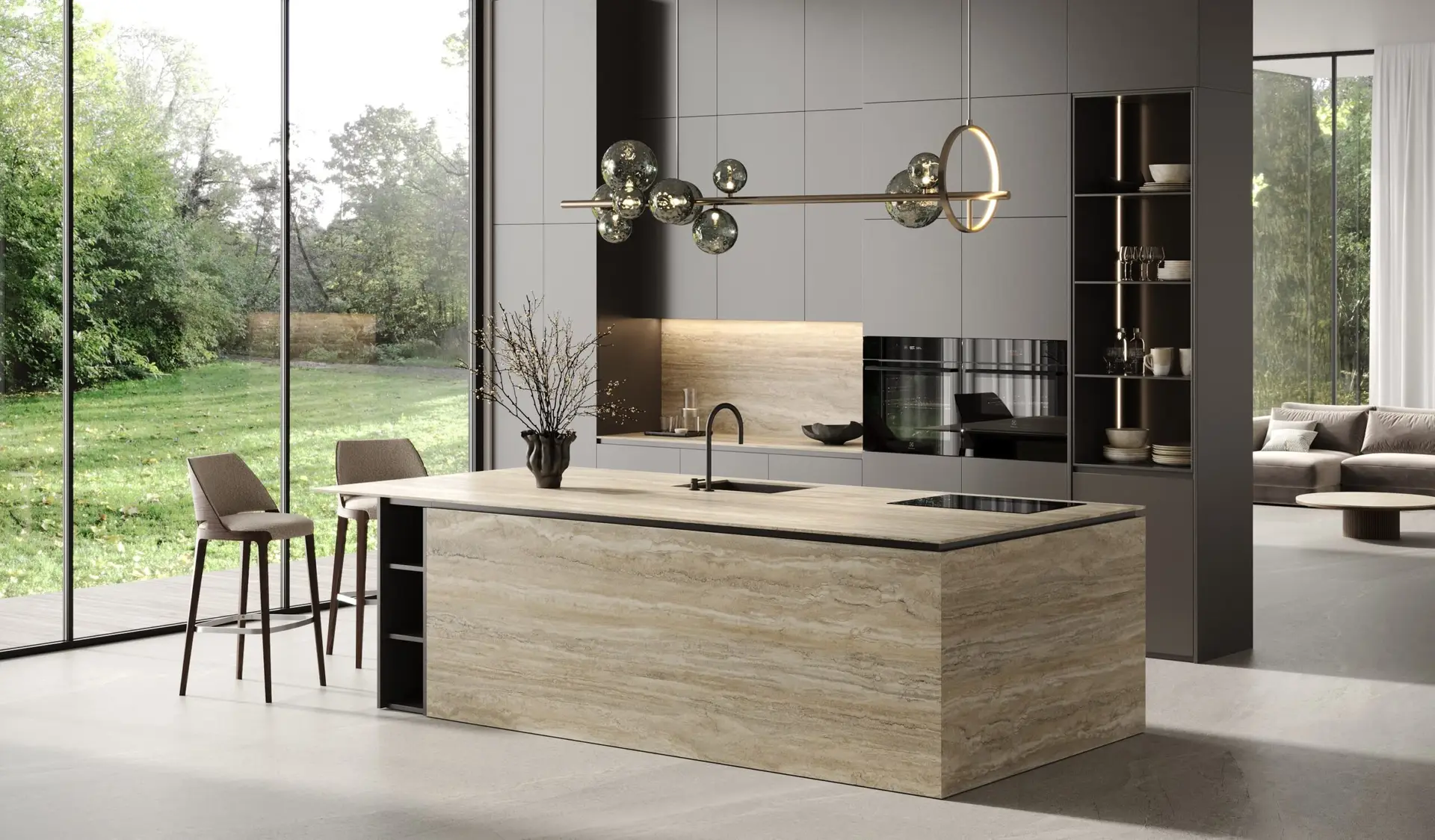 modern kitchen featuring a large central island clad in Dolcissima large-format porcelain slabs