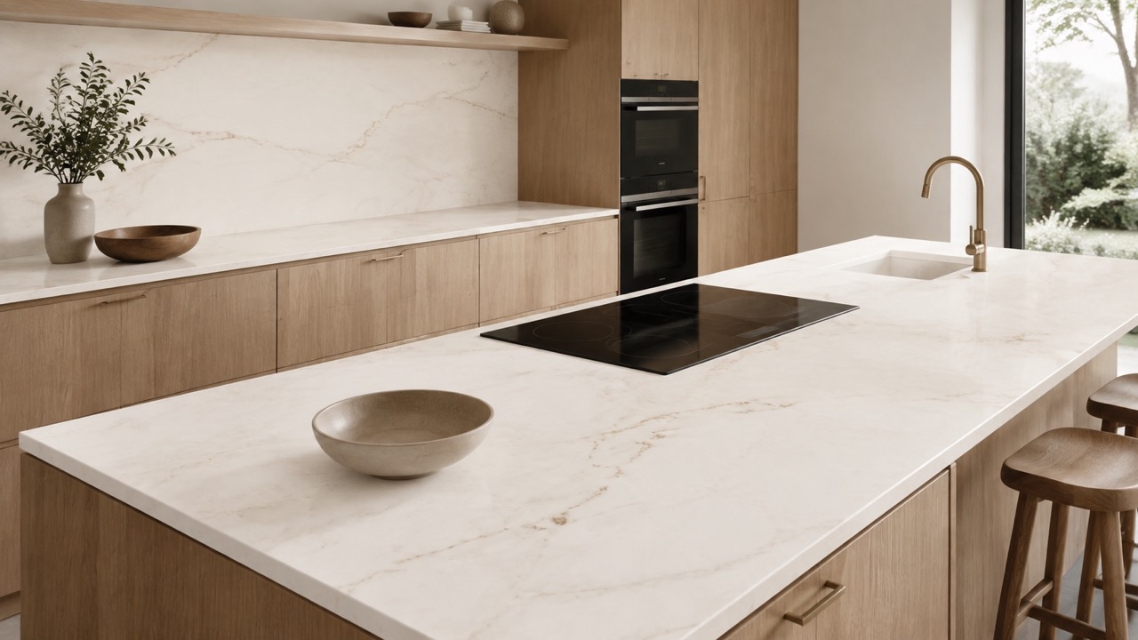 Dekton Rem countertops and kitchen island with subtle brown veining in a modern kitchen with light wood cabinetry.