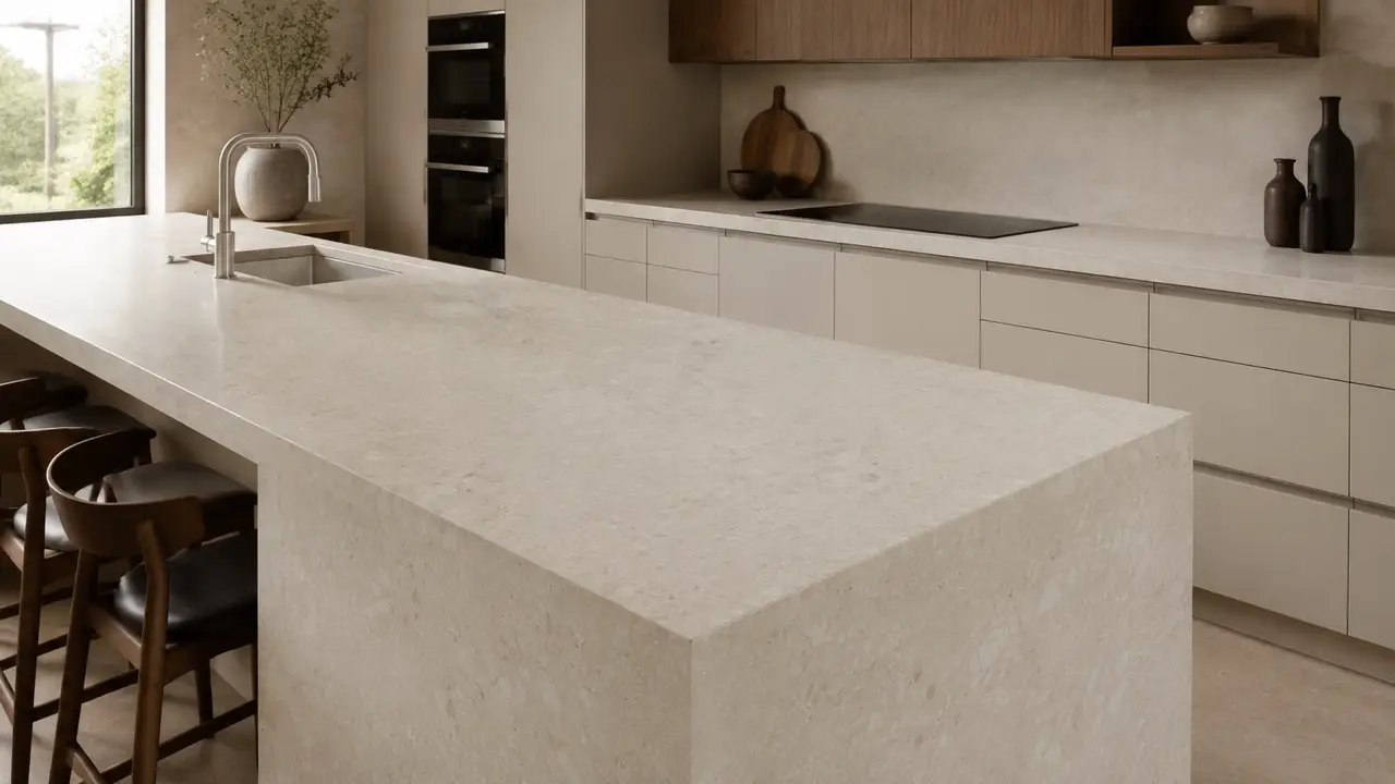 Ava countertops and waterfall kitchen island featuring a warm beige mineral pattern in a contemporary kitchen
