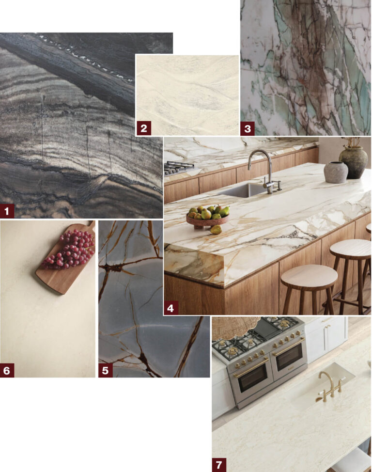 Collage of countertop surfaces numbered 1 to 7, including Black Raj leathered quartzite, Cambria Claremont, Cristallo Tiffany quartzite, and Caesarstone Antikella.