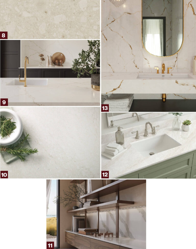 Collage of countertop surfaces numbered 8 to 13, including Dekton Pietra Ava, Silestone Blanc Élysée, Cambria Traymore Bay, and Caesarstone Calacatta Nobella.