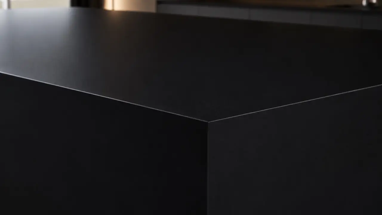 Close-up of a Cambria Blackpool waterfall island with a deep black surface and subtle fine texture.