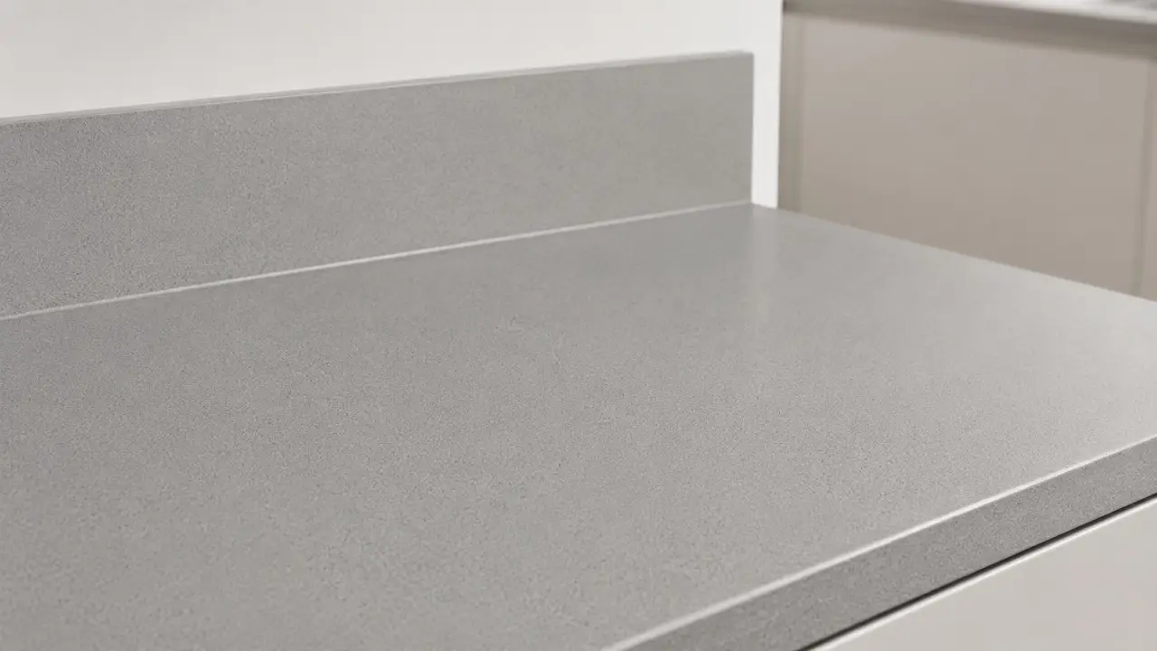 Cambria Dunmore Gray kitchen countertop and backsplash with a uniform gray finely textured surface.