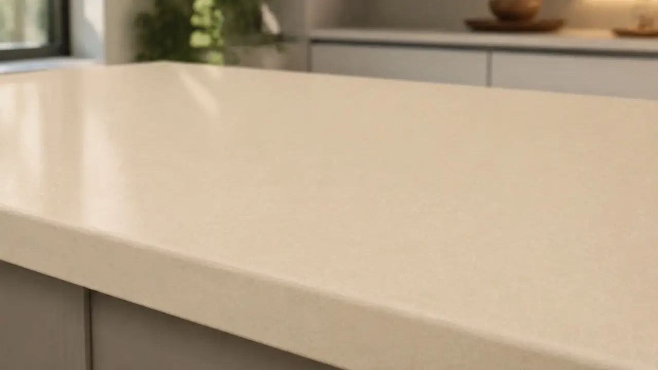 Close-up of a Cambria Fairbourne kitchen countertop with a warm cream tone and subtle mineral texture.
