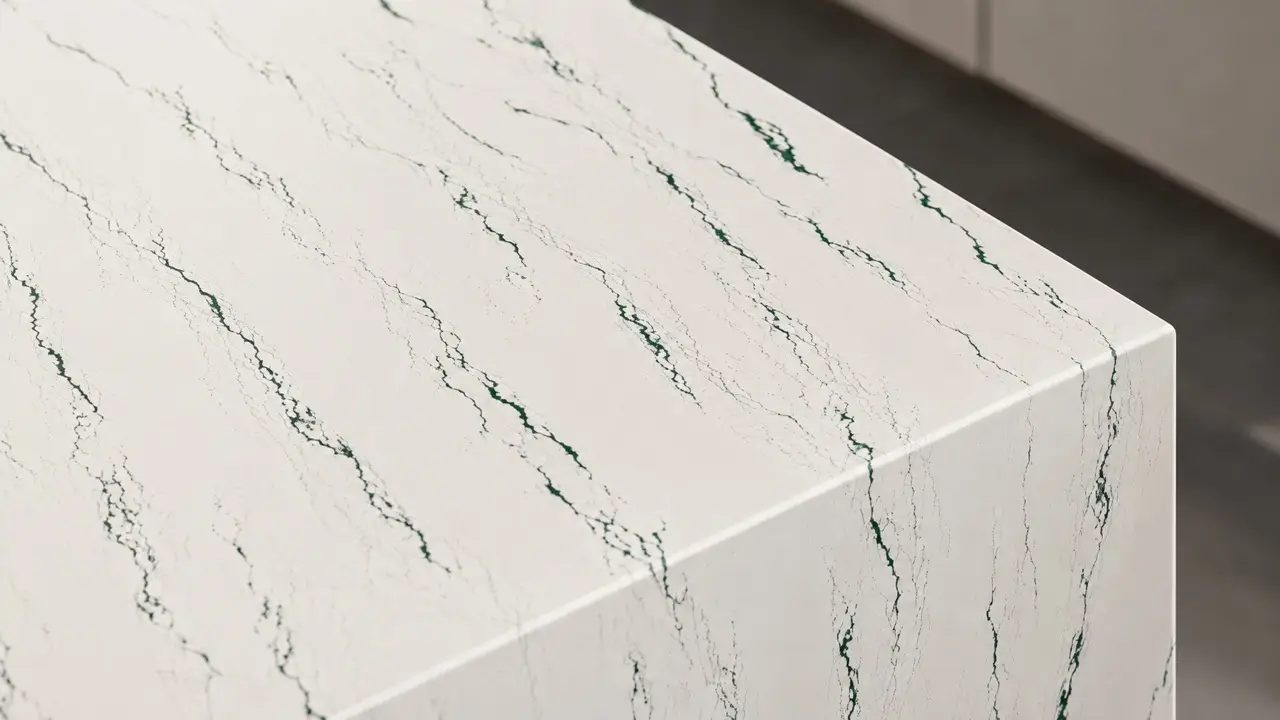 Close-up of a Cambria Ivybridge waterfall island with fine forest-green veining on a white surface.