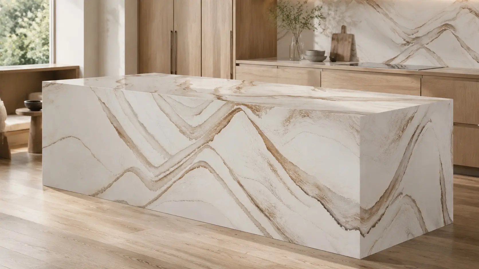 Cambria Brittanicca Gold Warm waterfall island in a modern kitchen with light wood cabinetry.