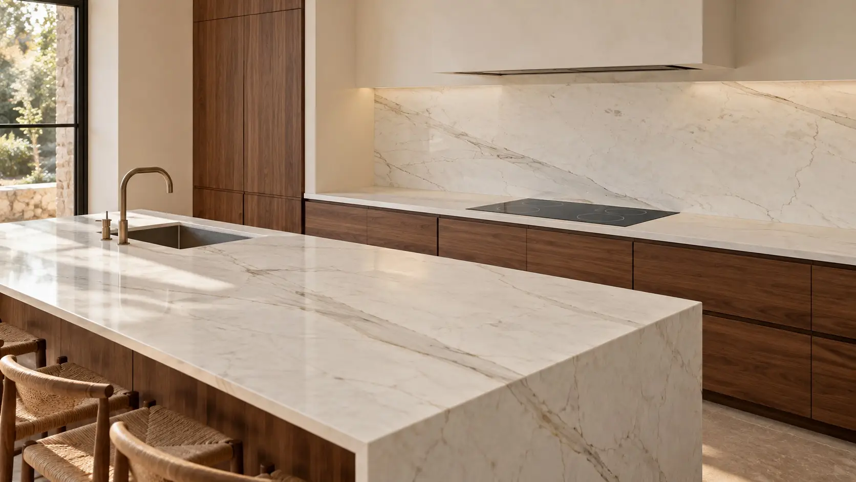 Calacatta Gold marble kitchen island and backsplash with subtle gray and gold veining, walnut cabinetry, and a built-in induction cooktop.