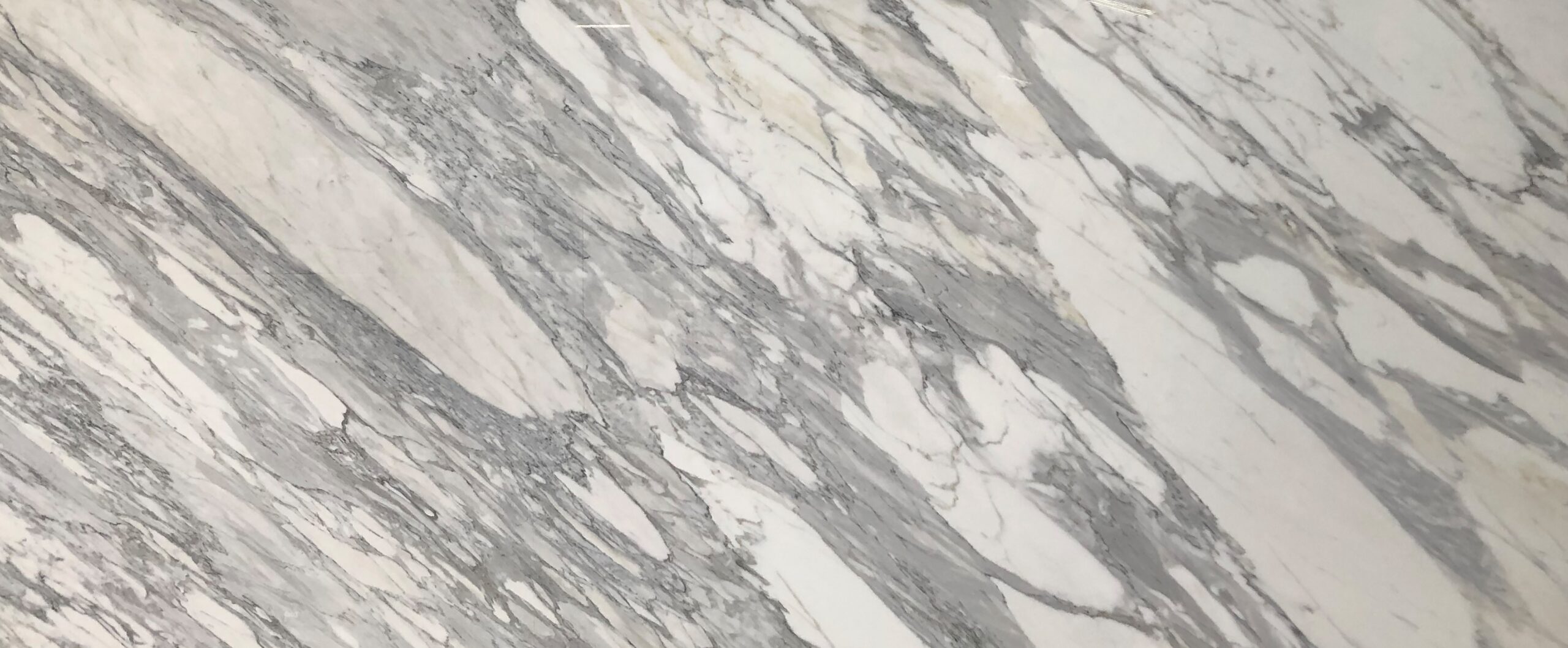 Statuario White marble slab with bold gray veining across a bright white background