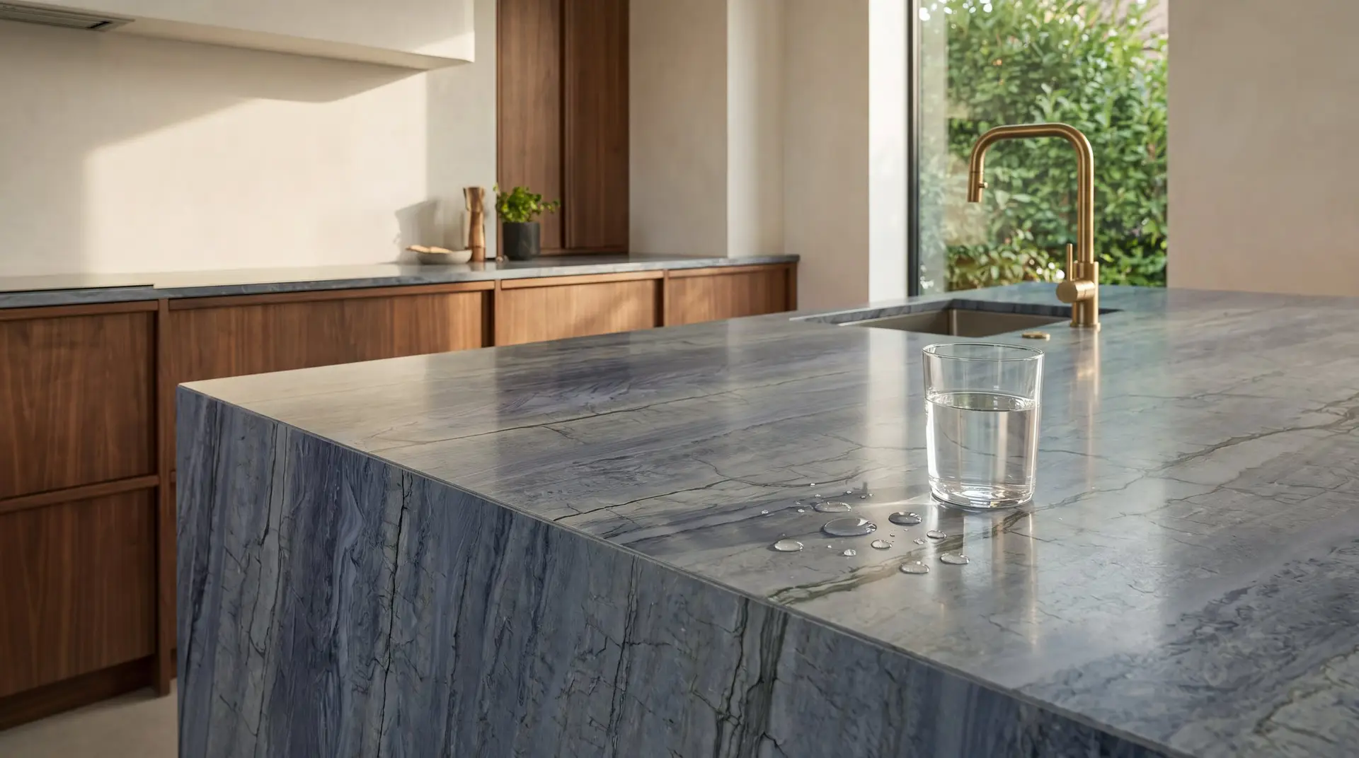 Water droplets beading on a polished Leblon quartzite waterfall island next to a glass of water in a walnut kitchen