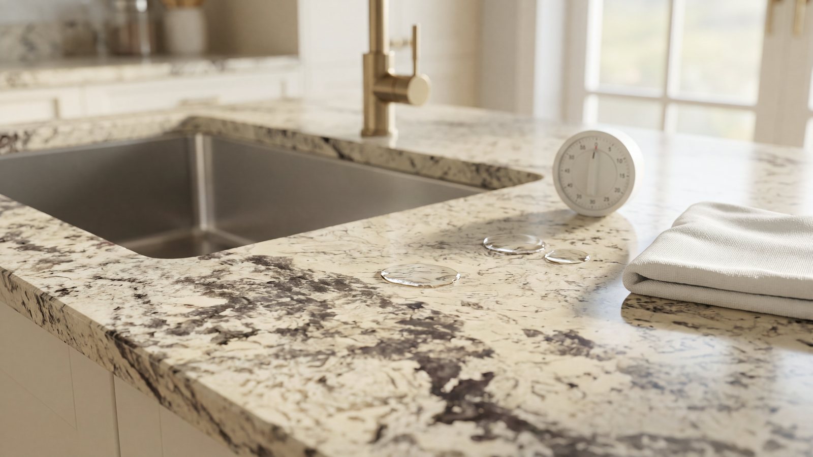 Small puddles of water on an Alaska Cream granite countertop beside the sink, with a kitchen timer and a folded towel for the 15-minute water test