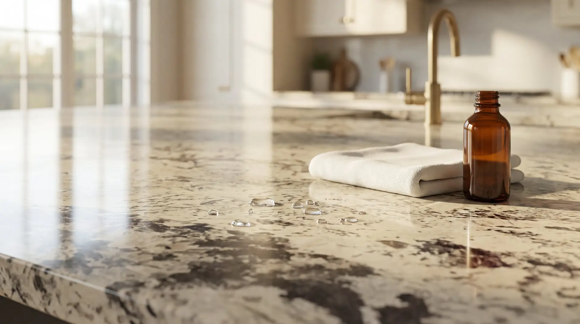 Water droplets beading on a polished Alaska Cream granite countertop beside a folded white microfiber cloth and an amber glass bottle