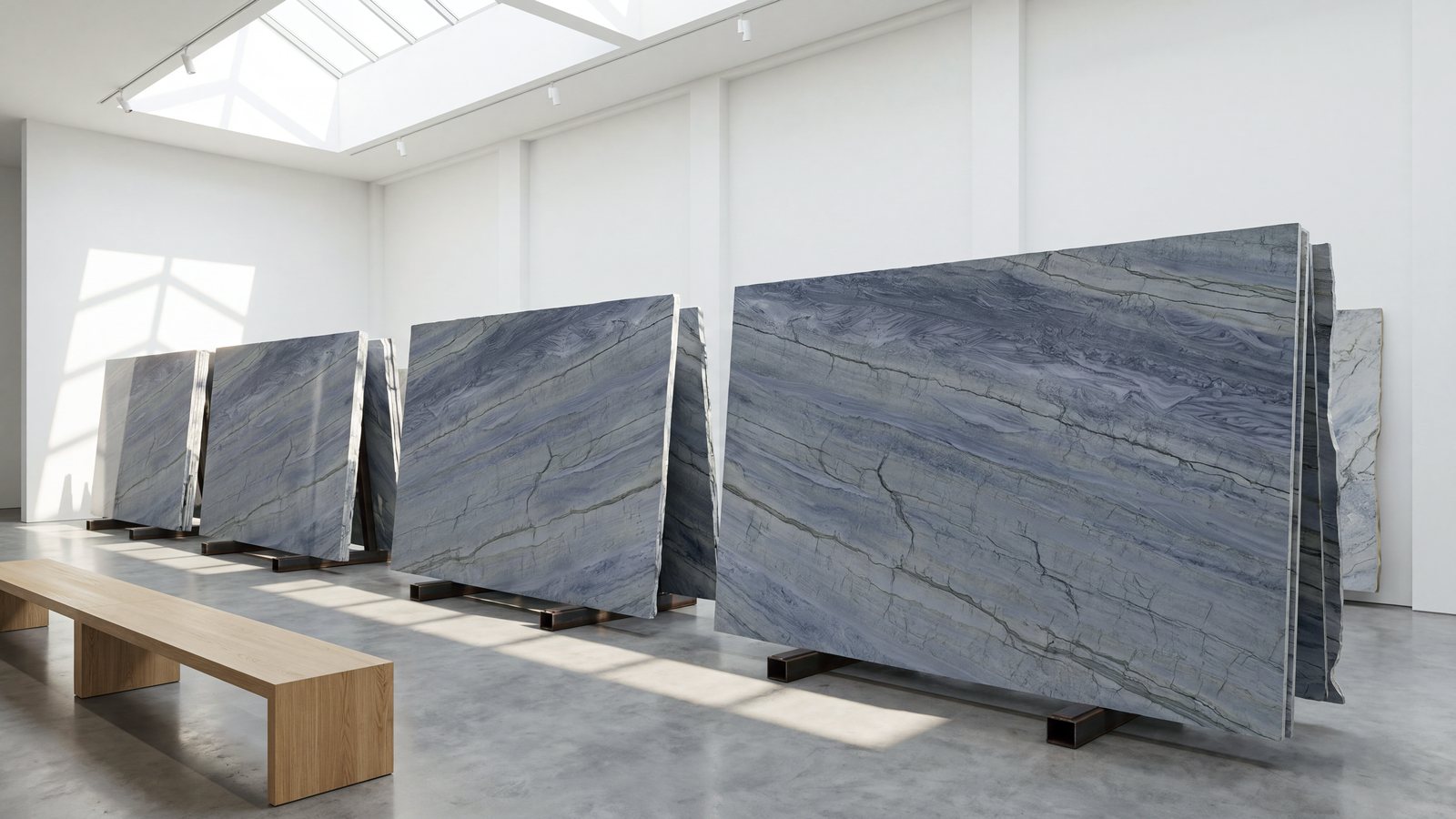 Full Leblon quartzite slabs standing on display racks in a bright stone showroom
