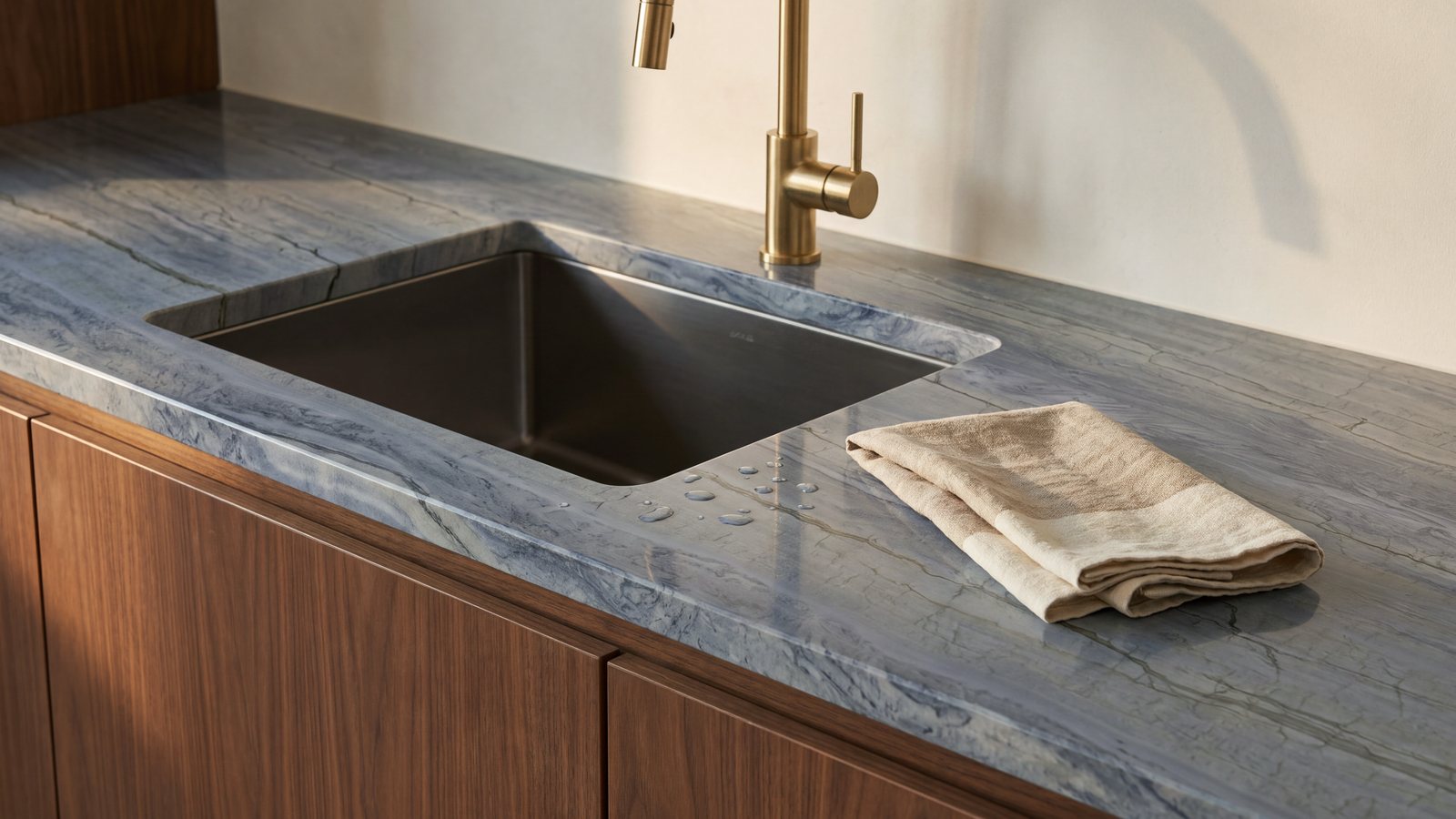 Undermount sink cut into a polished Leblon quartzite countertop with water droplets near the rim and a linen towel
